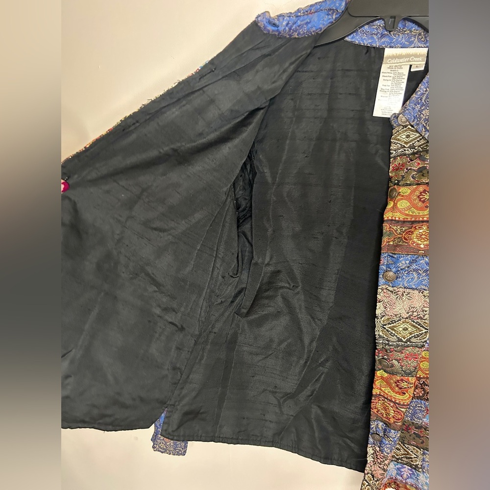 VINTAGE Y2K Boho Brocade Patchwork Silk Tapestry Jacket Whimsigoth Art Wear Sz L - Picture 11 of 15